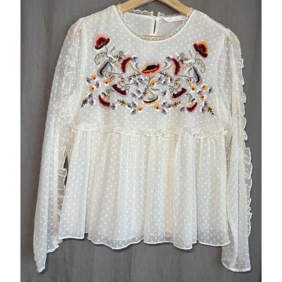 ZARA Trafaluc Collection Boho Top Embroidered Floral Peplum Ruffled Size Small - Picture 4 of 15
